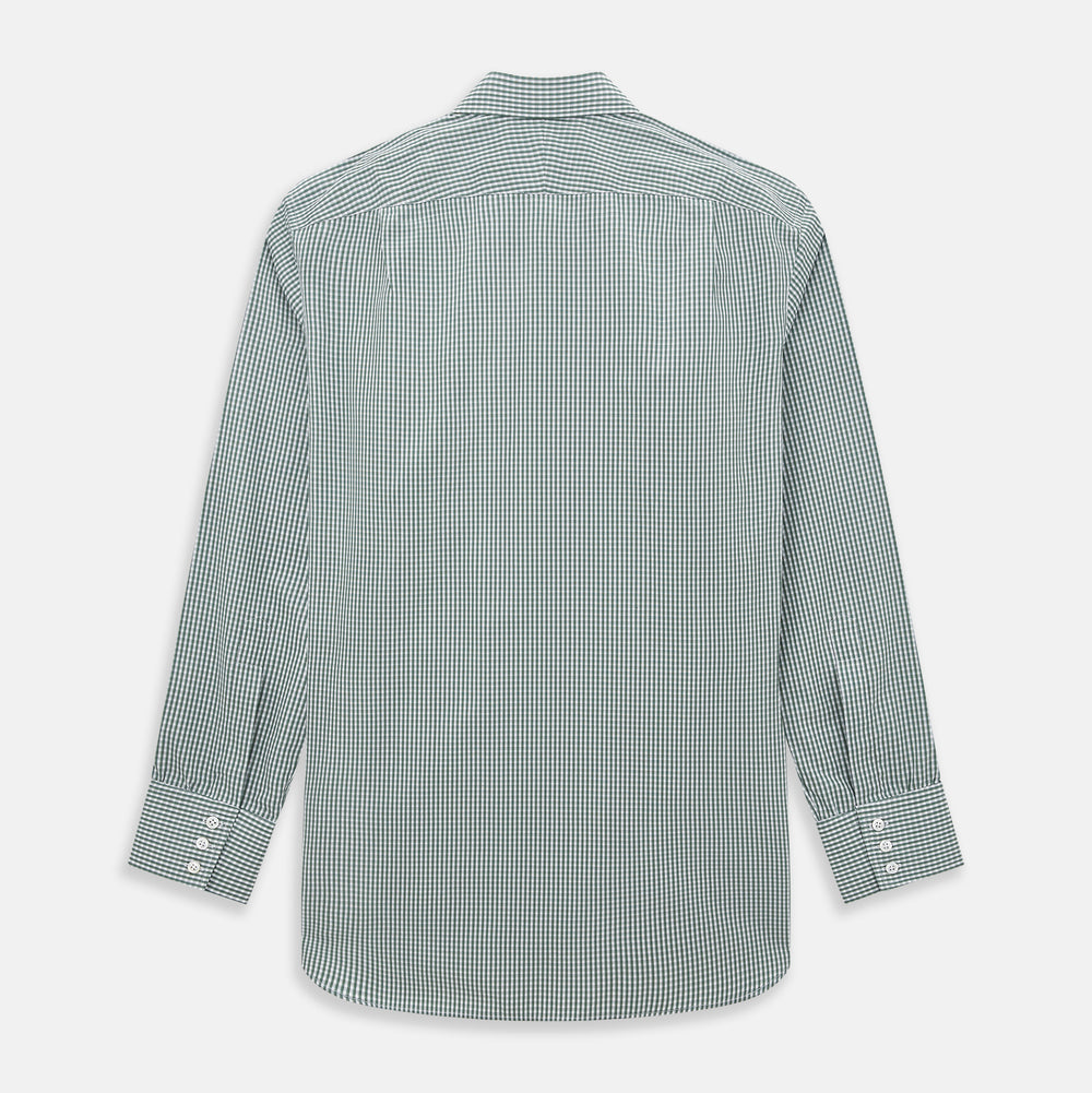 The Turnbull & Asser Green Fine Check Mayfair Shirt, crafted from fine Italian cotton with a pointed collar and buttoned cuffs, is shown laid flat on a white background.