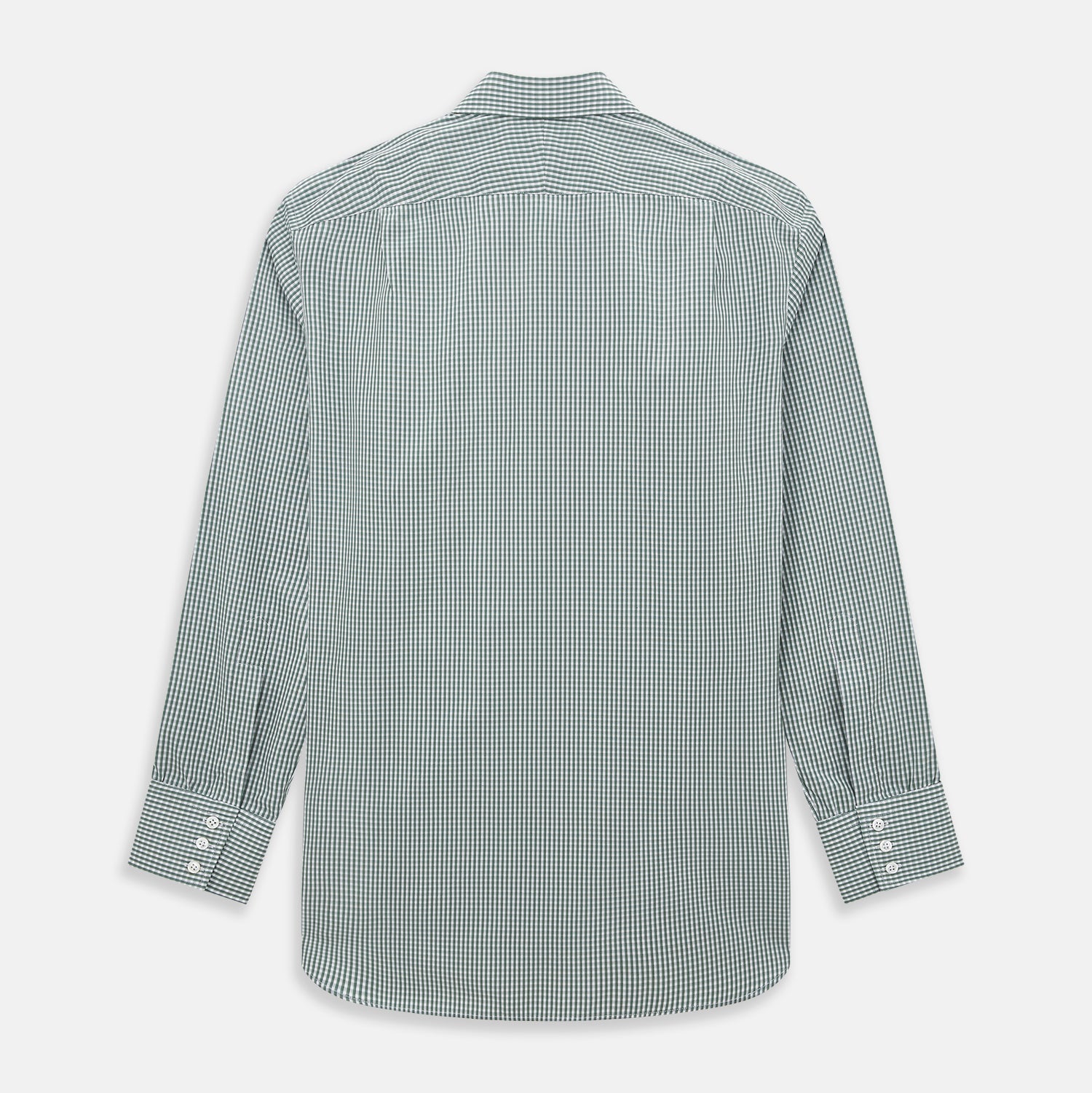View 3 of product The Turnbull & Asser Green Fine Check Mayfair Shirt, crafted from fine Italian cotton with a pointed collar and buttoned cuffs, is shown laid flat on a white background.