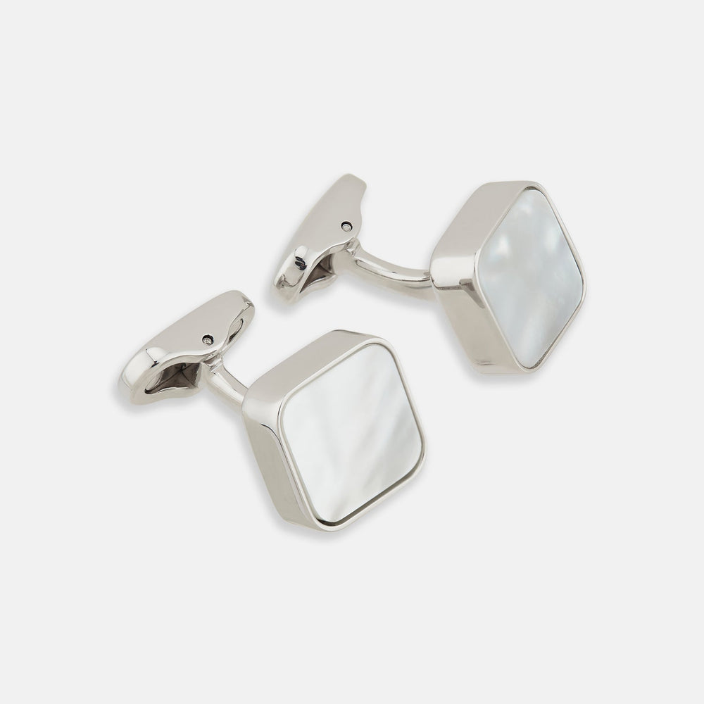 Turnbull & Asser Mother of Pearl Square Cufflinks feature sterling silver-toned frames with white, iridescent mother of pearl inlays, shown against a plain white background.
