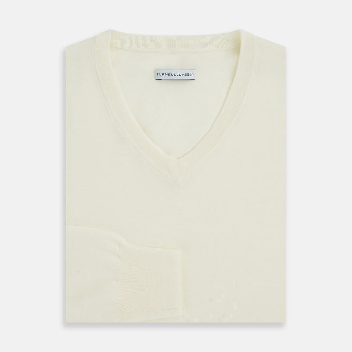 Cream Fine Merino V-Neck Jumper Image 9