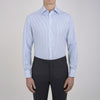 View 5 of product The Turnbull & Asser Light Blue Bengal Stripe Shirt features a classic T&A collar, double cuffs, and white buttons. Made from cotton with blue and white stripes, it's neatly displayed against a plain white background.