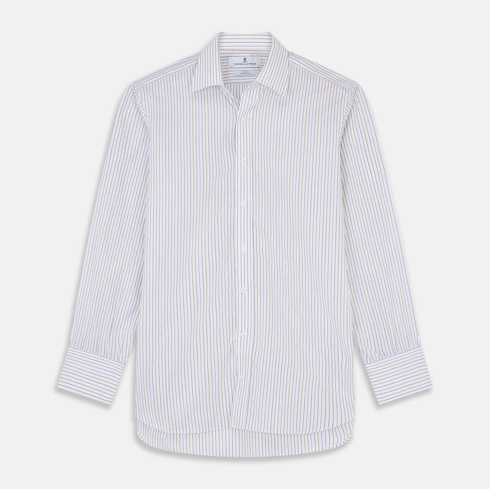 A close-up of Turnbull & Asser’s Purple Multi-stripe Cotton Fabric shows white fabric with thin blue, purple, and yellow vertical stripes in a circular frame on a light gray background.