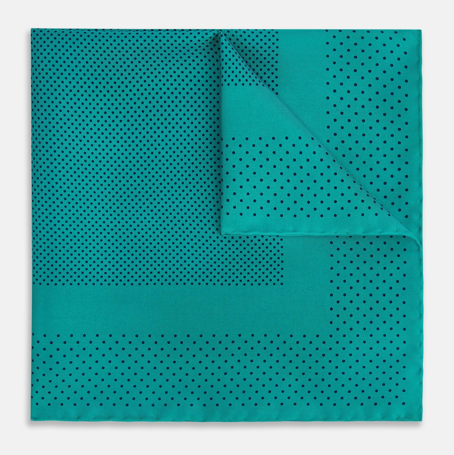 View 1 of product The Turnbull & Asser Petrol Green Dot Silk Pocket Square, made in England, features a border and small black polka dots, neatly folded to showcase both front and back sides.