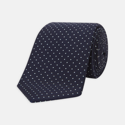 White and Navy Spot Printed Silk Tie