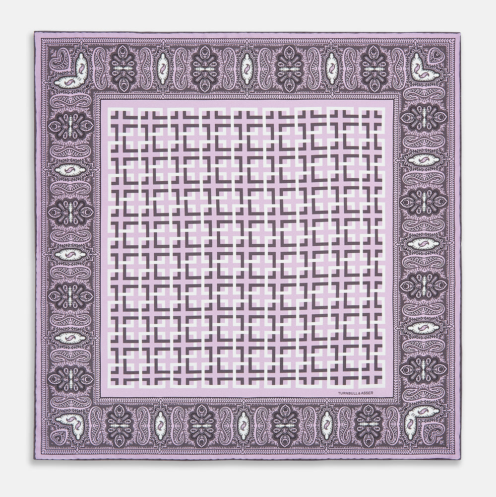 Lilac Square-Patterned and Paisley Patterned Silk Pocket Square