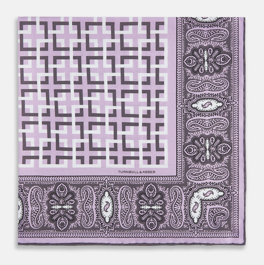 Lilac Square-Patterned and Paisley Patterned Silk Pocket Square