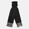 View 1 of product The Turnbull & Asser Black and White Spotted Silk Scarf with Fringes features a classic polka dot design, silver fringe edges, and the brand name printed near each end.