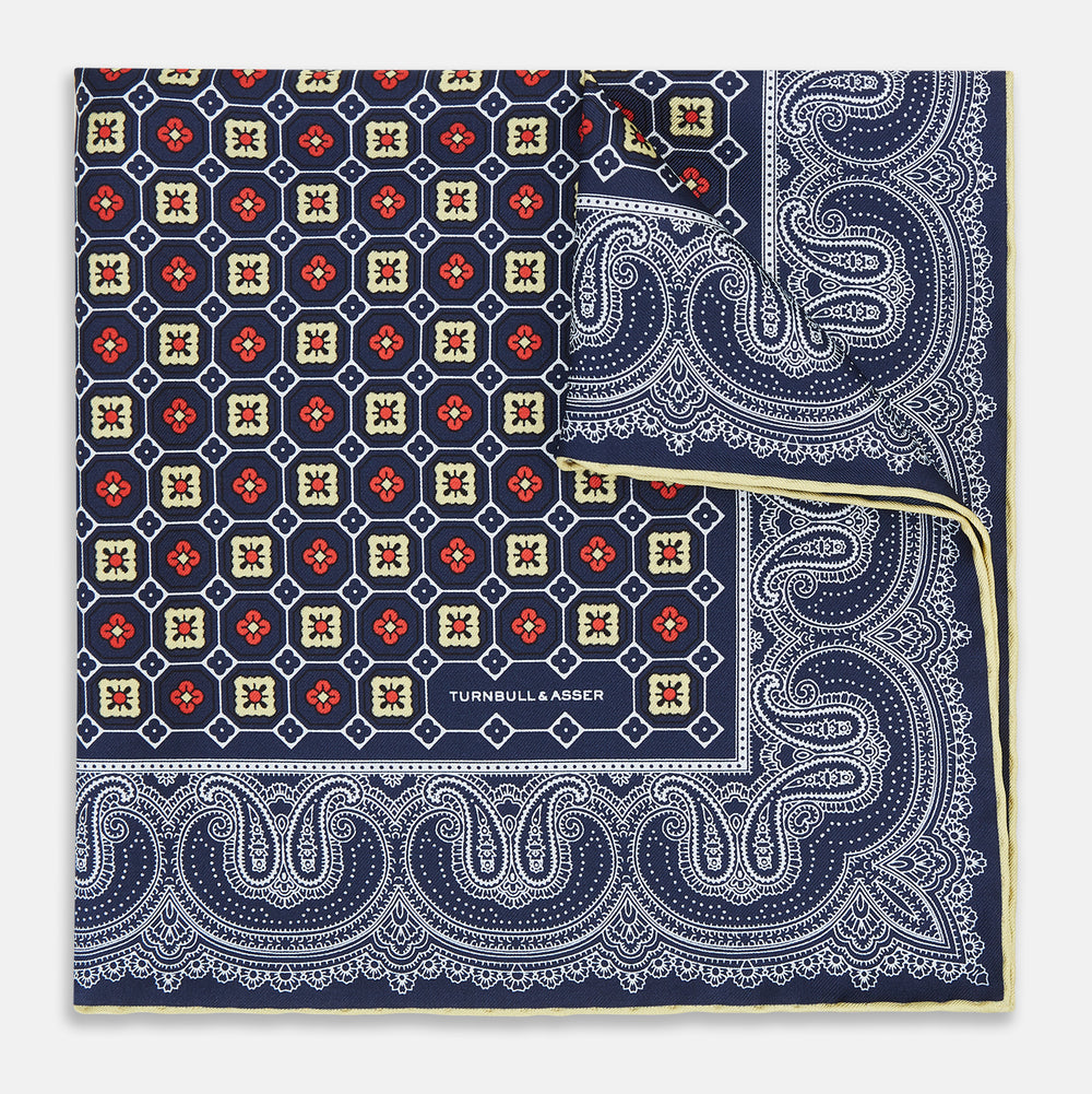 Dark Navy Floral Tile and Paisley Silk Pocket Square