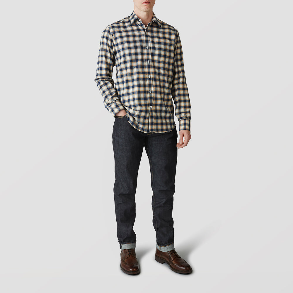 The Turnbull & Asser Blue Multi Check Weekend Fit Shirt features a Derby collar and 1-button cuffs, perfect for winter layering, shown here on a plain white background.