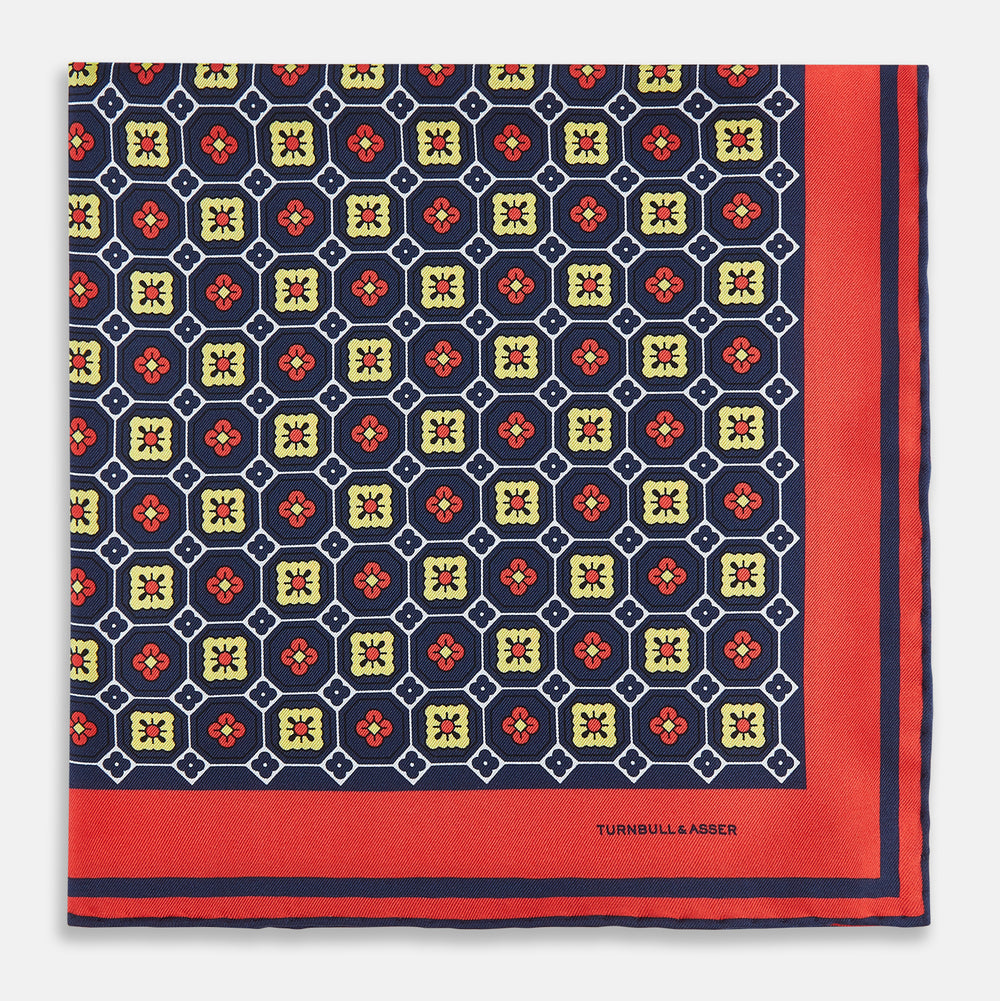 Dark Navy Floral Tile Silk Pocket Square