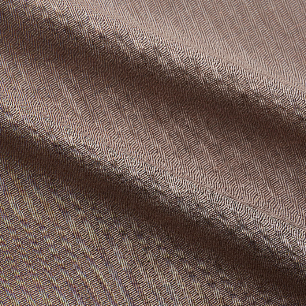 The Turnbull & Asser Camel Cotton Melange Regular Fit Mayfair Shirt features long sleeves, a classic T&A collar, white buttons, and buttoned cuffs in light brown cotton melange, displayed flat on a white background.