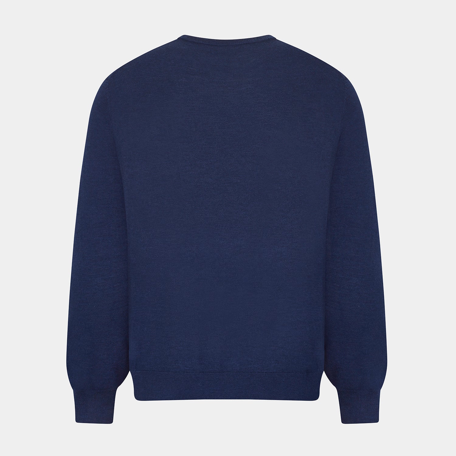 View 3 of product The Turnbull & Asser Navy Merino Round Neck Jumper is shown against a light gray background, featuring a classic long-sleeve design with ribbed cuffs, hem, and neckline for timeless style.