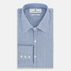 View 5 of product The Steel Blue Ticking Stripe Westminster Shirt by Turnbull & Asser features a classic fit, Turnbull collar, vertical stripes, white buttons, and buttoned cuffs—showcasing refined British craftsmanship.