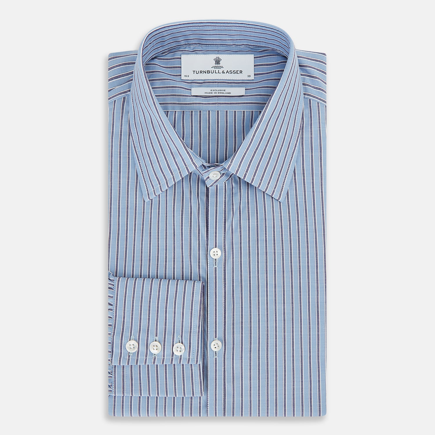 View 5 of product The Steel Blue Ticking Stripe Westminster Shirt by Turnbull & Asser features a classic fit, Turnbull collar, vertical stripes, white buttons, and buttoned cuffs—showcasing refined British craftsmanship.