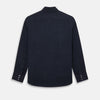 View 3 of product The Navy Linen Windsor Shirt by Turnbull & Asser features long sleeves, white buttons, a Turnbull collar, and buttoned cuffs in dark navy blue linen. Shown laid flat on a white background.