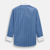 View 3 of product The Turnbull & Asser Steel Grey Track Stripe Shirt features vertical black stripes, a contrast white T&A collar, and white cuffs, shown against a plain light background.