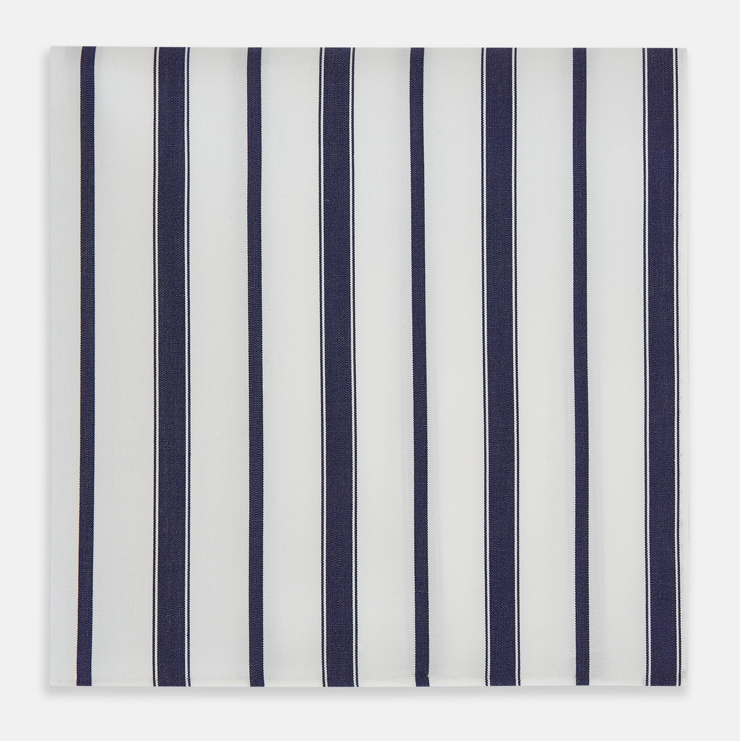 Image 1 of product The Navy Double Stripe Hand-Rolled Handkerchief by Turnbull & Asser features evenly spaced navy and black stripes on white fabric, meticulously crafted in England with hand-rolled edges.