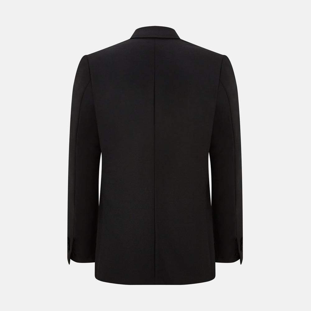 The Turnbull & Asser Black Single Breasted Dinner Suit, with satin lapels and matching trousers, is elegantly folded and displayed on a plain white background.