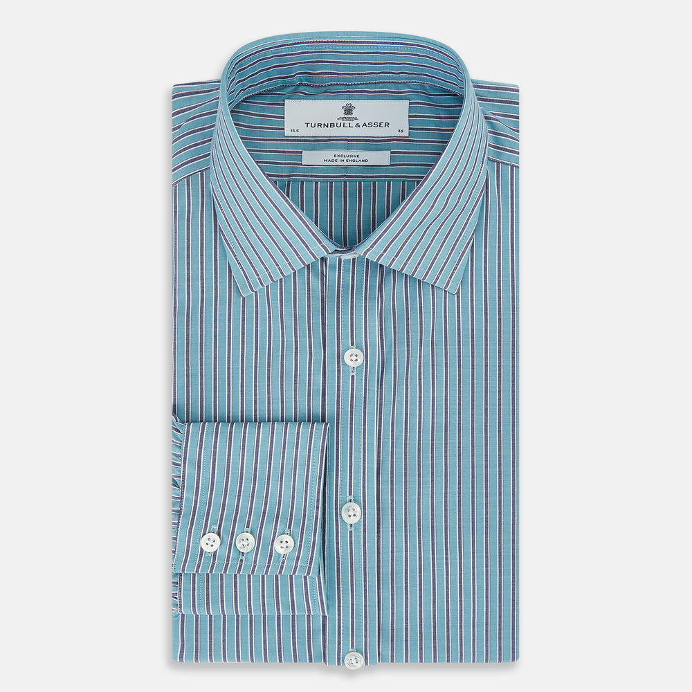 The Turnbull & Asser Turquoise Ticking Stripe Mayfair Shirt is a long-sleeve, button-up shirt in fine Italian cotton with light blue and white stripes, a collar, white buttons, curved hem, and subtle turquoise ticking stripe.