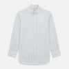 View 1 of product The Turnbull & Asser Multi Tone Double Pinstripe Mayfair Shirt is a long-sleeve pure cotton shirt with a collar and thin blue, green, and yellow double pinstripes on a white background.