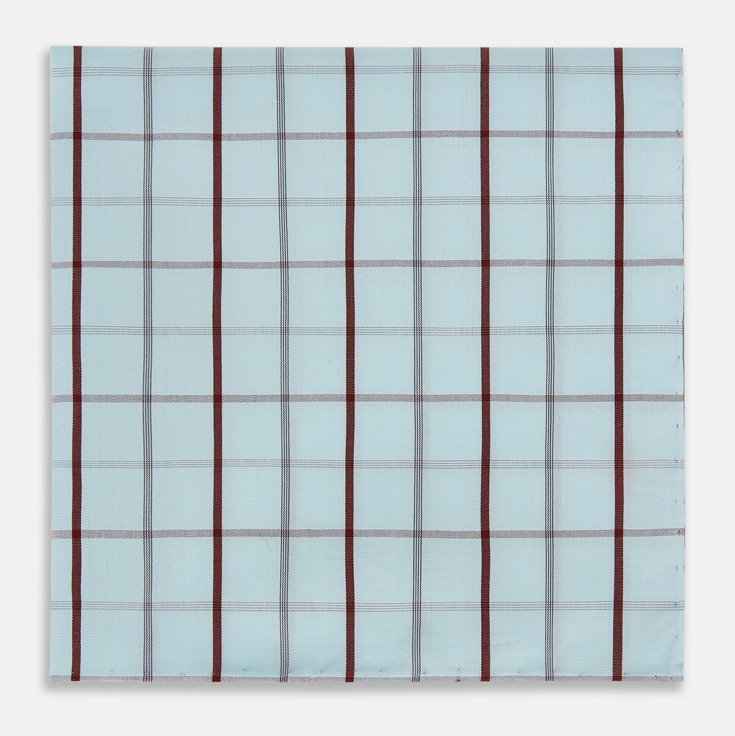 Image 1 of product The Turnbull & Asser Burgundy Combination Check Hand-Rolled Handkerchief, featuring a light blue plaid with thin gray lines and bold dark red stripes, is displayed flat against a white background.