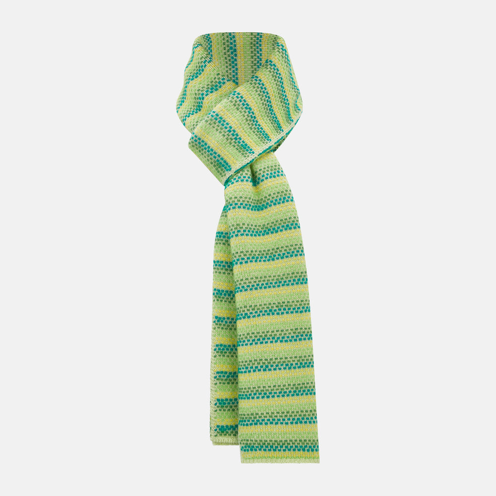 The Turnbull & Asser Green, Yellow and Teal Rib-Jacquard Cashmere Knitted Scarf features horizontal stripes and a luxurious finish—an elegant accessory to elevate any look.