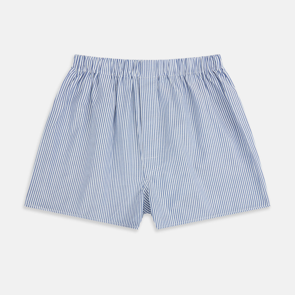 The Navy Bengal Stripe Godfrey Boxer Shorts by Turnbull & Asser feature blue and white vertical stripes, crafted from fine Italian cotton with an elastic waistband—luxury men’s underwear, shown laid flat on a white background.
