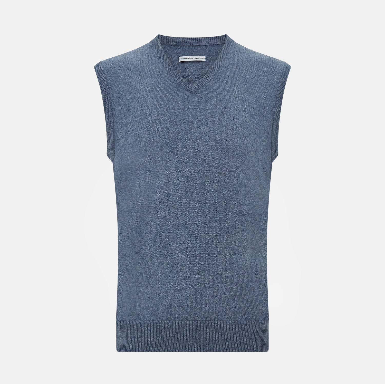 View 1 of product The Avio Blue Cashmere V-neck Vest by Turnbull & Asser is a sleeveless knitwear piece with ribbed hem and armholes, shown against a plain white background.