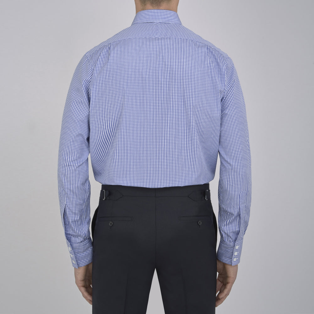 The Turnbull & Asser Mid-Blue Gingham Check Shirt features a T&A collar and 3-button cuffs, crafted from soft cotton and displayed against a plain white background.