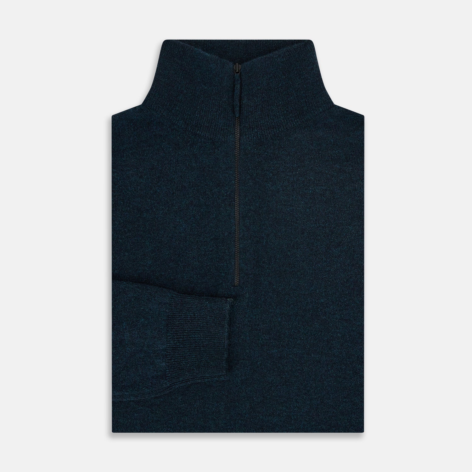 View 4 of product A dark green melange cashmere half-zip jumper by Turnbull & Asser, featuring a long-sleeve, mock neck design with a simple, classic look and no visible patterns or logos, displayed against a plain white background.