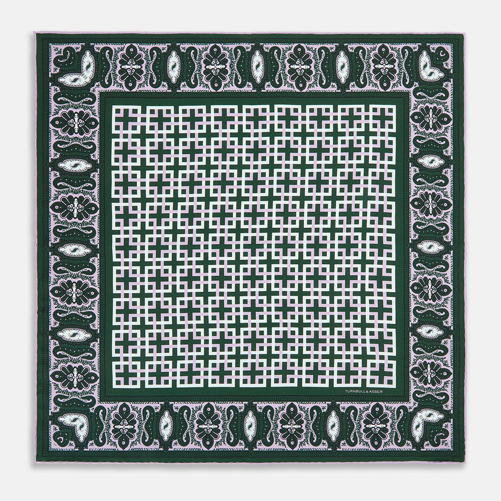 Forest Green Square-Patterned and Paisley Patterned Silk Pocket Square
