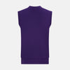 View 3 of product The Turnbull & Asser Purple Fine Merino V-Neck Sleeveless Cardigan features a button-up front and two pockets, displayed against a plain white background.