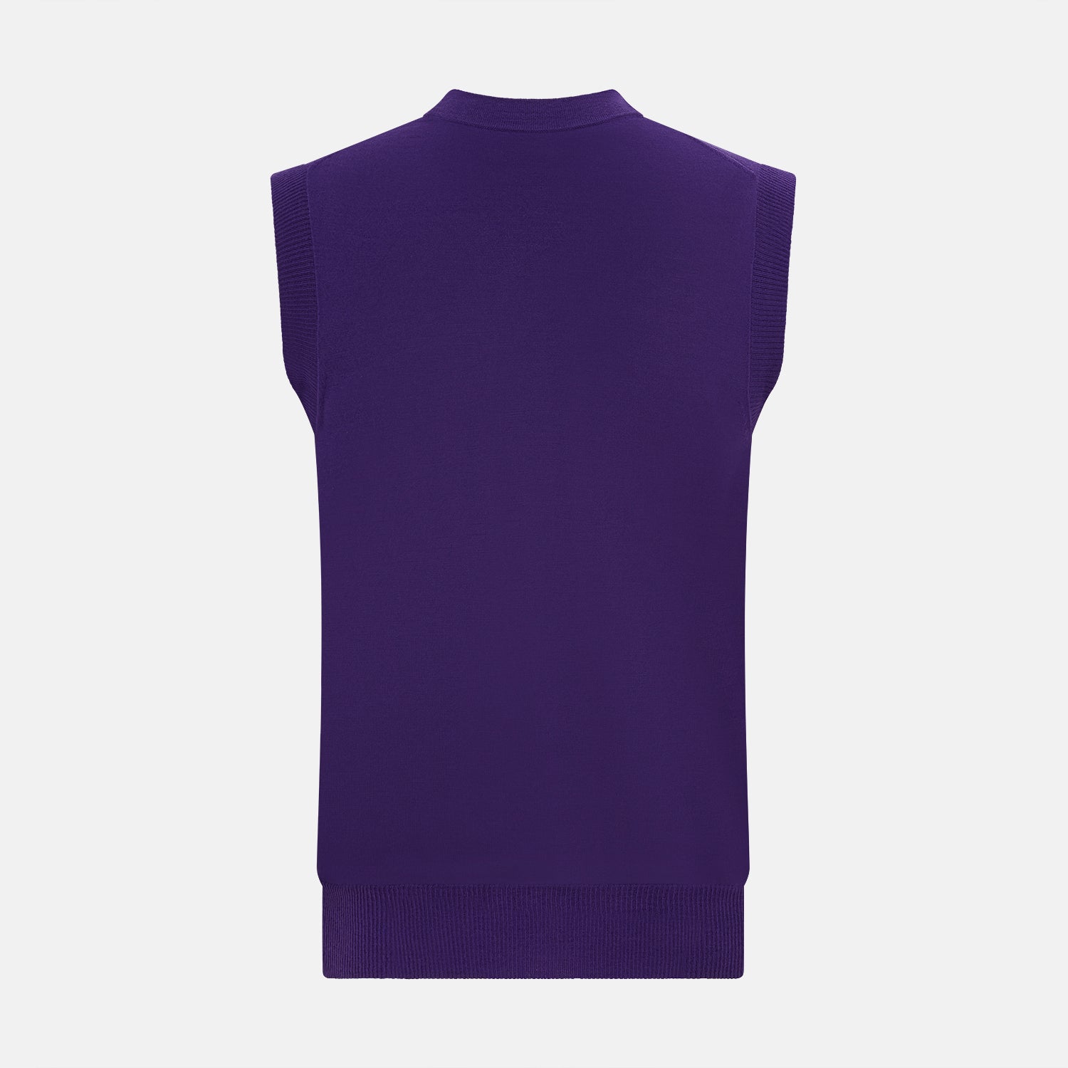 View 3 of product The Turnbull & Asser Purple Fine Merino V-Neck Sleeveless Cardigan features a button-up front and two pockets, displayed against a plain white background.