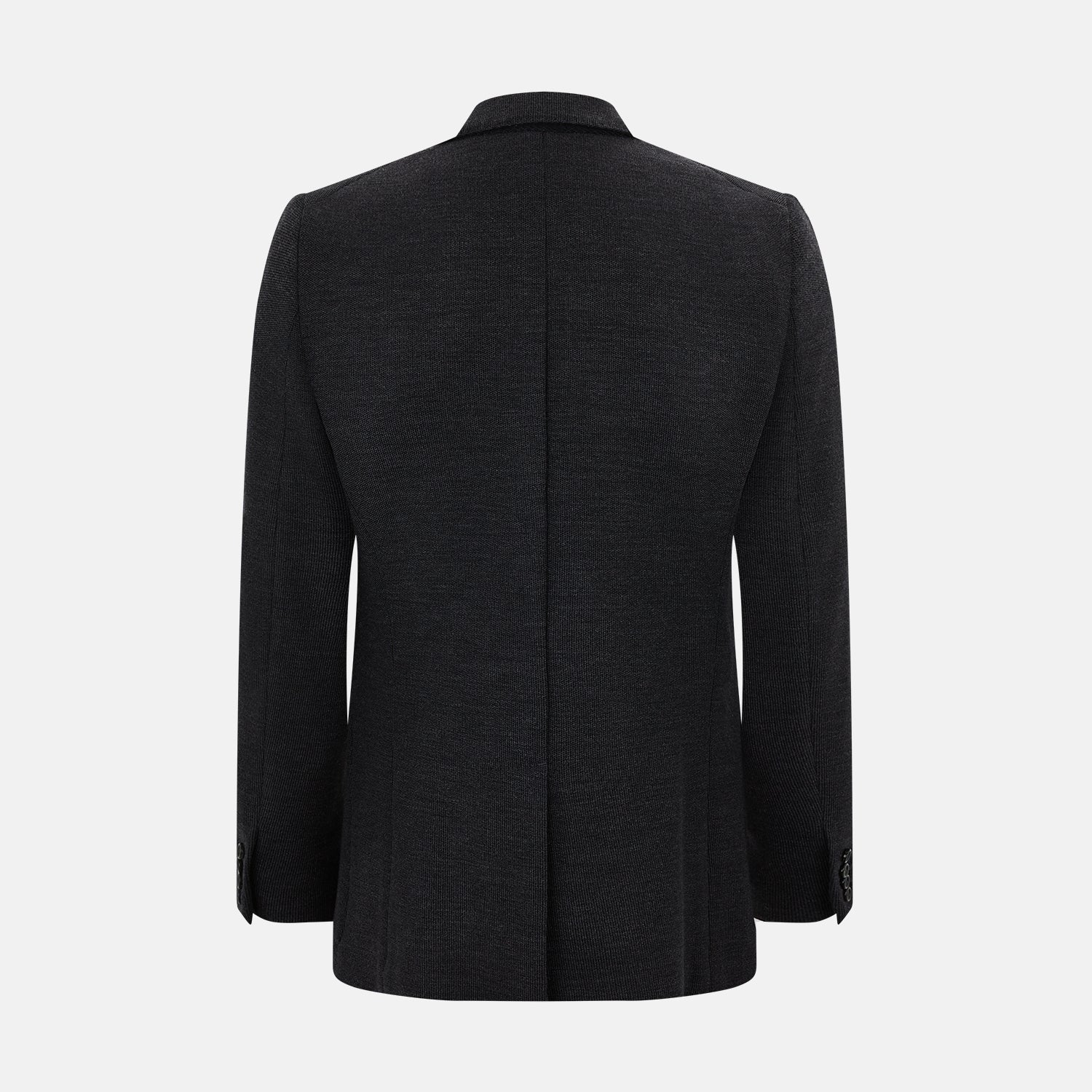 Image 3 of product The Turnbull & Asser Charcoal Knitted Oxford Blazer features a notched lapel, two-button closure, and three front pockets, blending modern elegance with British heritage against a plain white background.