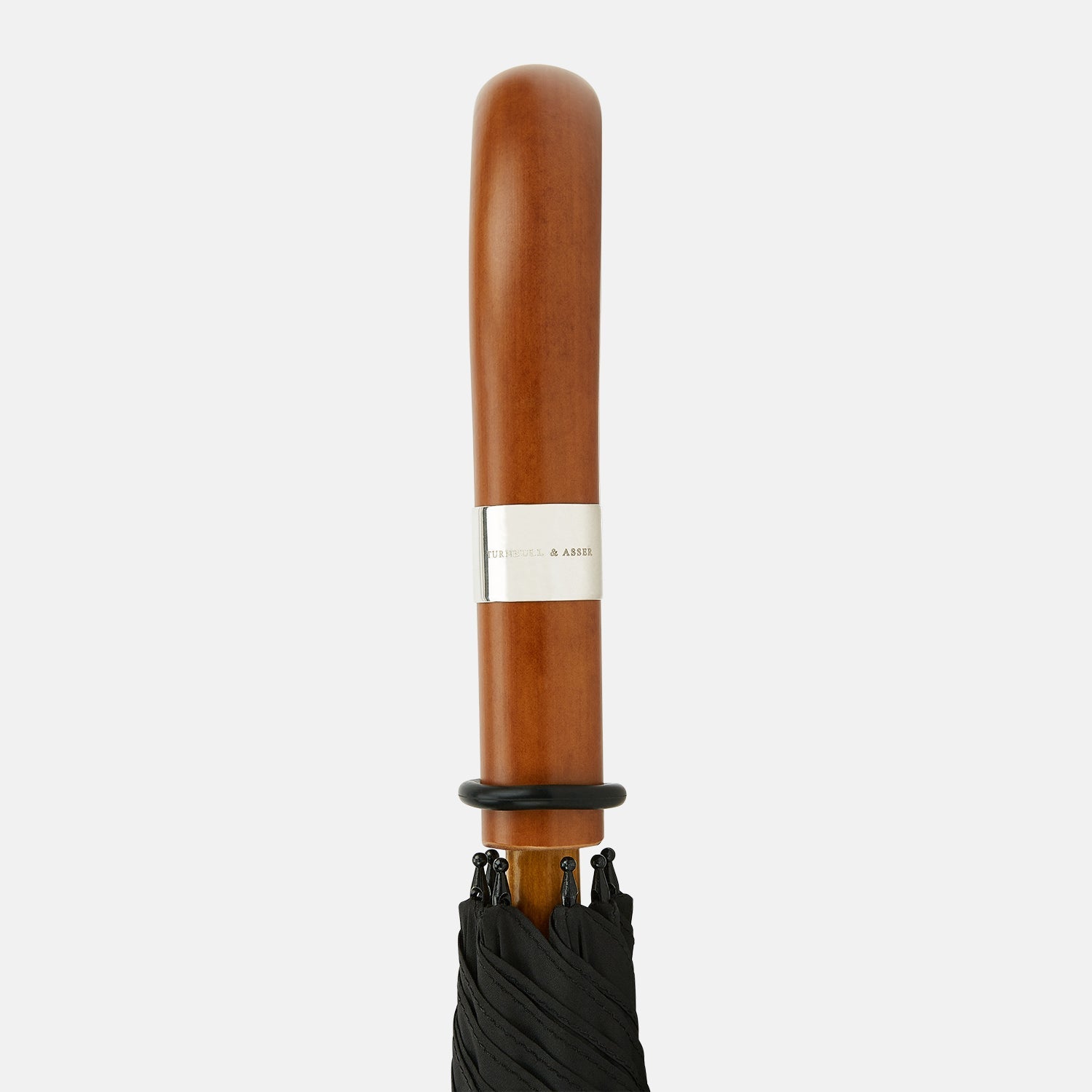 View 5 of product The Turnbull & Asser Black Traveller Umbrella features a Malacca crook handle and straight wooden shaft—a timeless accessory displayed fully opened against a white background.
