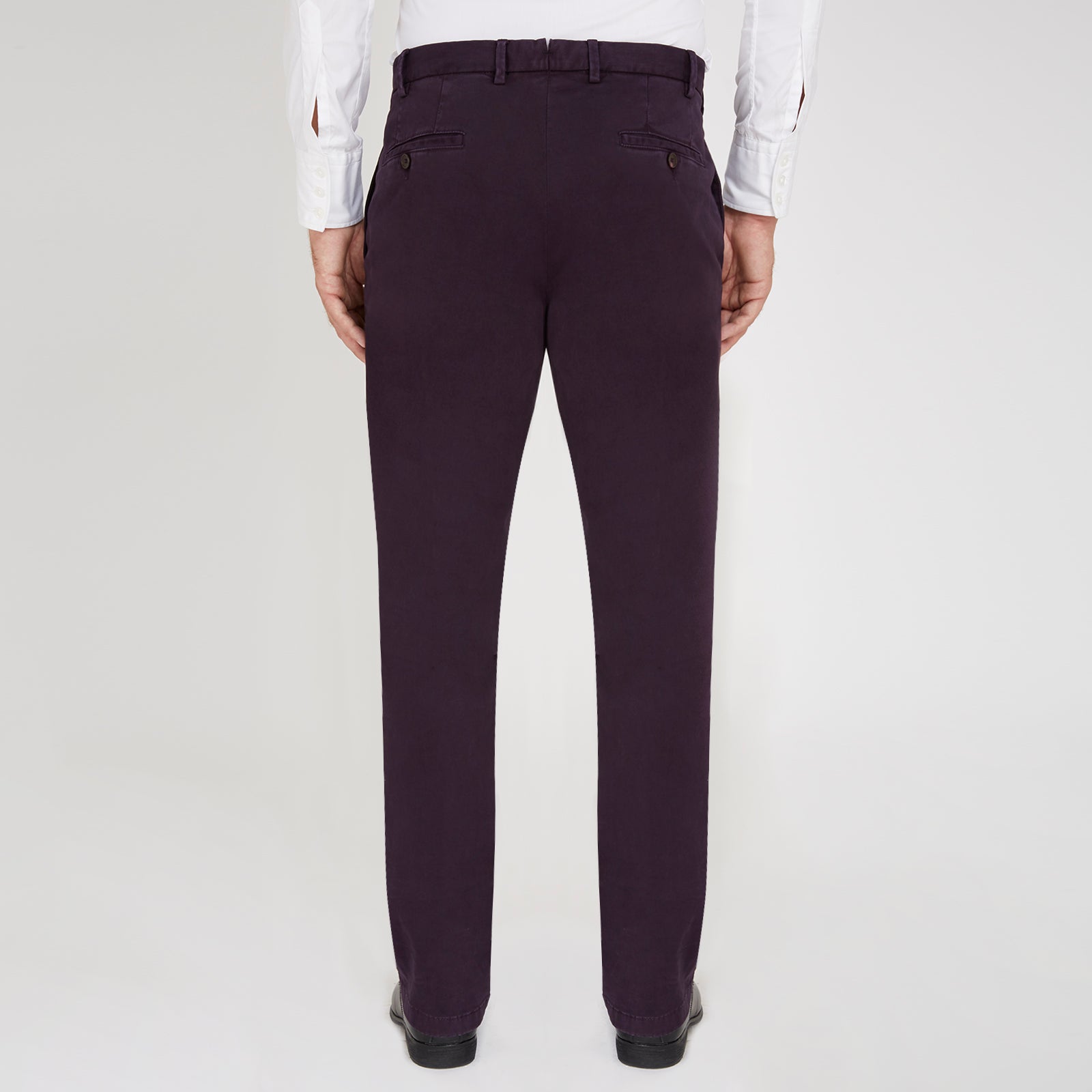 View 3 of product Turnbull & Asser Purple Cotton Trousers: slim-fit with button and zip closure, front and back pockets, shown on a white background.