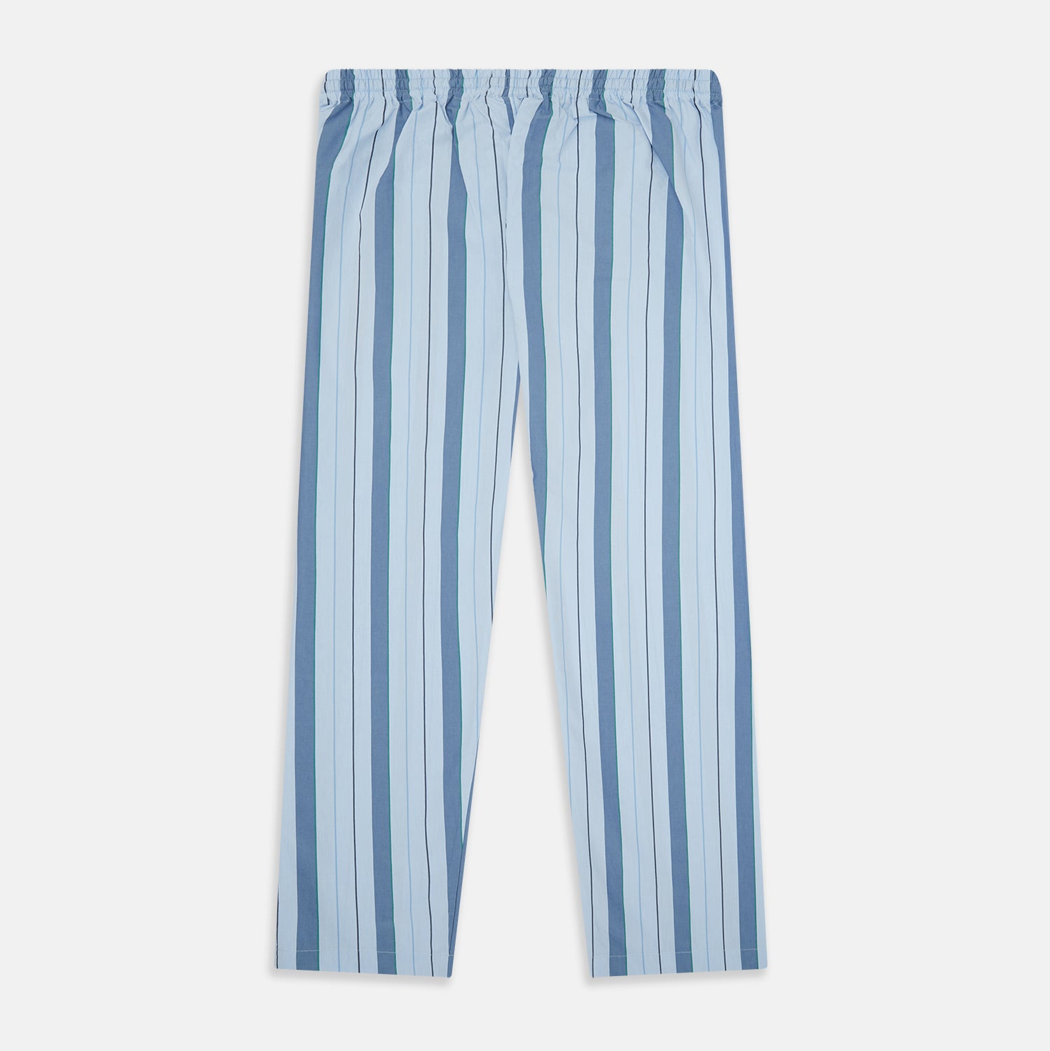 View 3 of product Turnbull & Asser's Blue Multi Stripe Pyjama Trousers feature light blue cotton with a blue multi-stripe pattern, an elastic waistband, and front drawstring, shown laid flat on a white background.