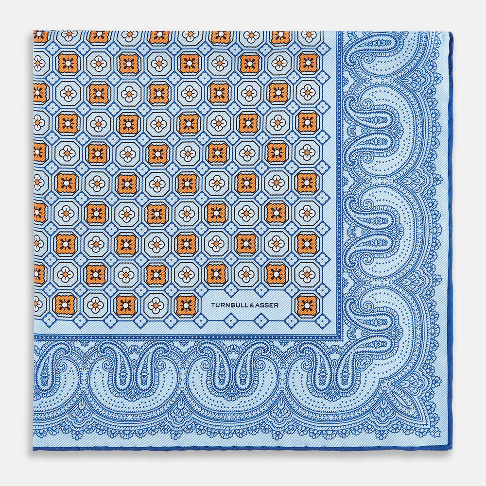 Blue Floral Tile and Paisley Silk Pocket Square