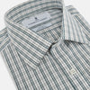View 2 of product The Turnbull & Asser Forest Green Multi Check Mayfair Shirt is a long-sleeve button-up crafted from premium Italian cotton, featuring a blue and forest green check on white, with a pointed collar and buttoned cuffs.