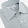 View 2 of product Turnbull & Asser Pale Blue Fine Check Mayfair Shirt—a long-sleeve button-up with classic collar, buttoned cuffs, white buttons, and a subtle check pattern in sanforised cotton—displayed on a white background.