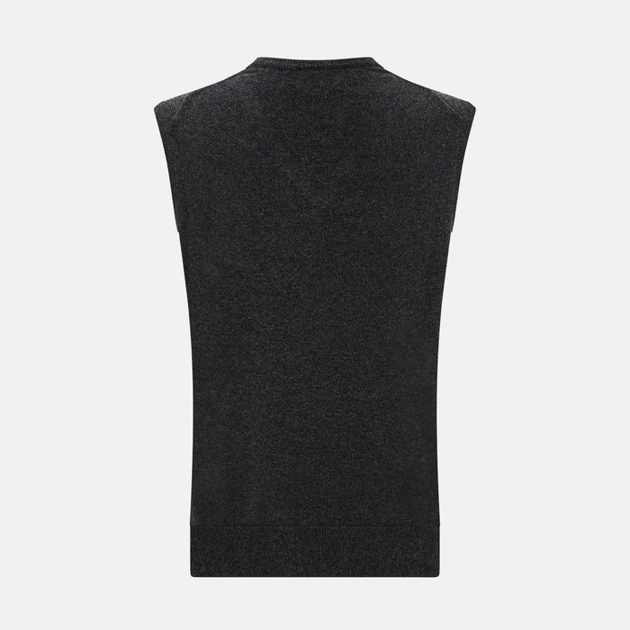 Charcoal Grey Melange V-Neck Sleeveless Cashmere Vest Image 2