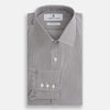 View 5 of product The Turnbull & Asser Navy Fine Stripe Mayfair Shirt, a long-sleeve, button-up with a classic collar, features fine navy stripes and white buttons, shown laid flat on a white background.