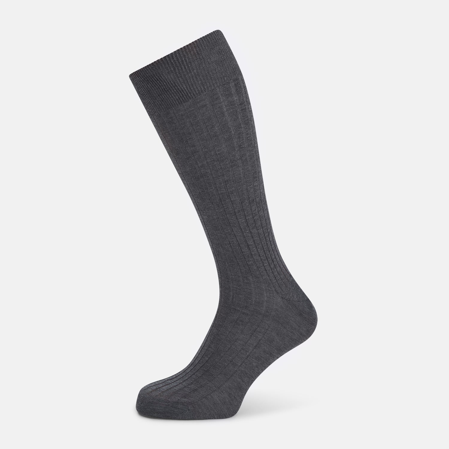 Image 1 of product The Turnbull & Asser Steel Melange Mid-Length Sock, in dark gray ribbed mercerised Egyptian cotton, is shown upright on a white background to highlight its elegant shape and texture.