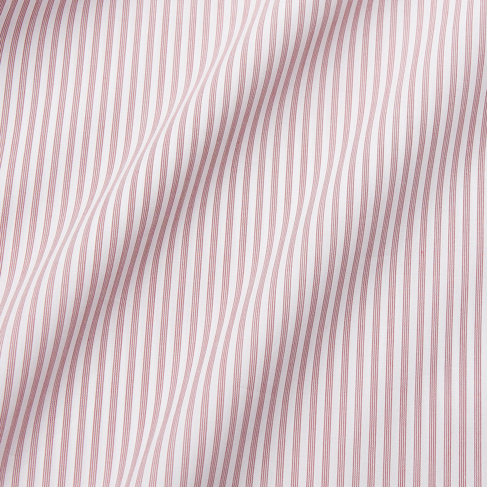 The Turnbull & Asser Burgundy Stripe West Indian Sea Island Cotton Regular Fit Mayfair Shirt features thin vertical red and white stripes, a classic collar, and long sleeves, shown on a plain white background.