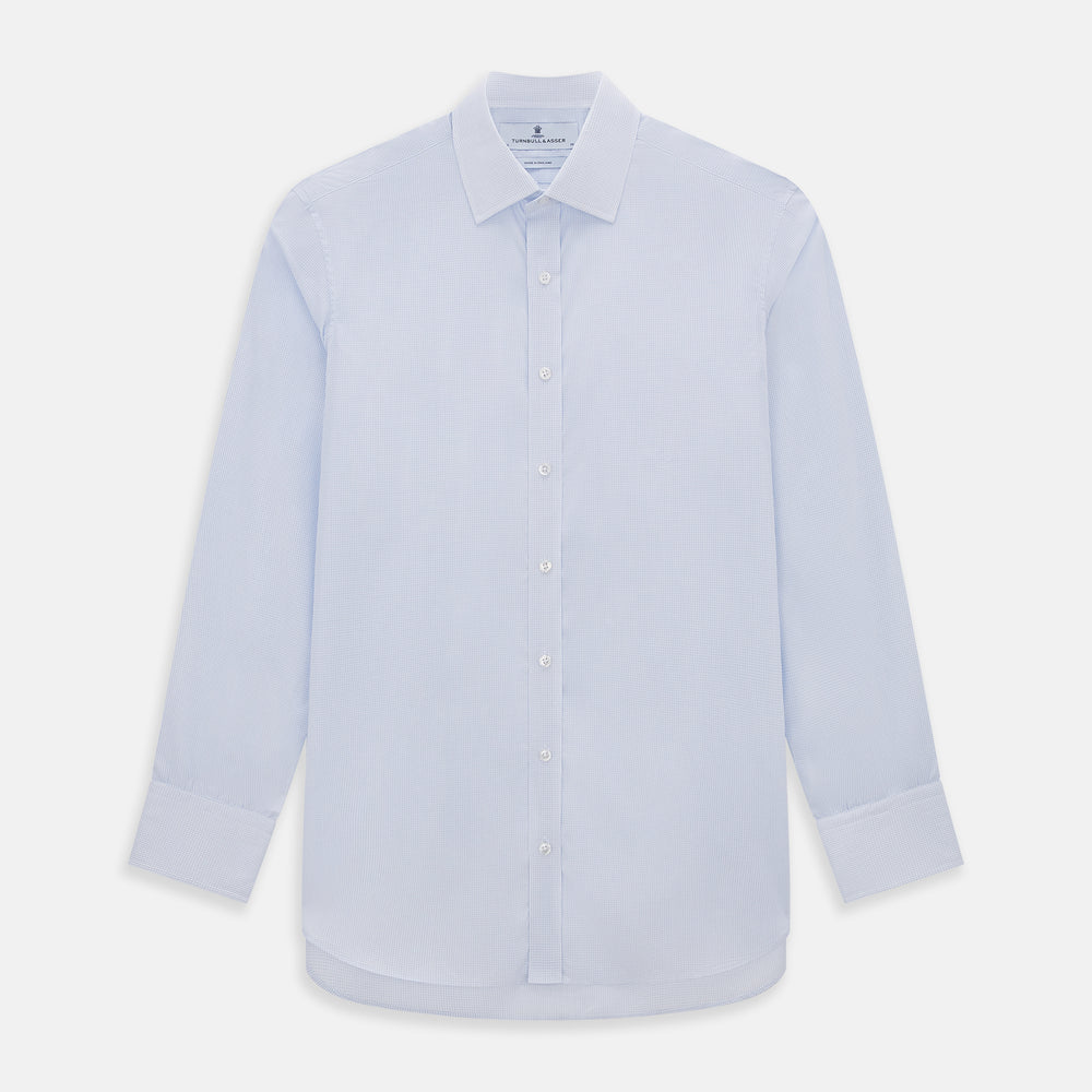 The Turnbull & Asser Blue and White Micro Check Mayfair Shirt features a pointed collar and white buttons, shown flat against a white background.
