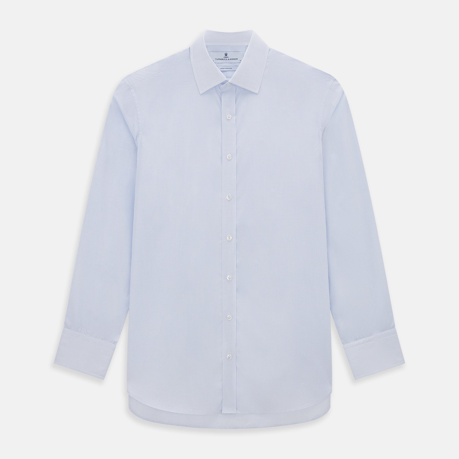 View 1 of product The Turnbull & Asser Blue and White Micro Check Mayfair Shirt features a pointed collar and white buttons, shown flat against a white background.