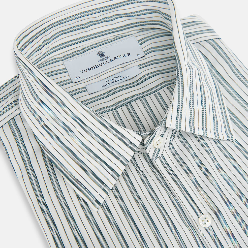 The OLIVE & SAGE GREEN MULTI TRACK STRIPE WESTMINSTER SHIRT by Turnbull & Asser features a classic Turnbull collar and long sleeves, showcasing British craftsmanship with its striped design, presented against a white background.