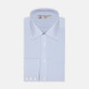 View 2 of product A close-up of Turnbull & Asser’s Light Blue Bengal Stripe Cotton Fabric shows its light blue and white vertical stripes pattern inside a gray circular frame on a white background.