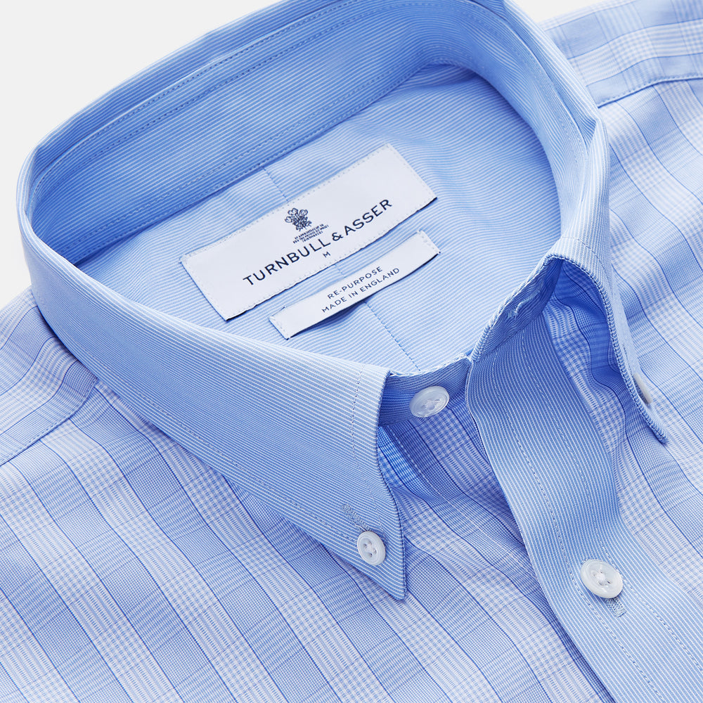 Turnbull & Asser's Blue Multi Check Cotton RE-PURPOSE Weekend Fit Suffolk Shirt, crafted from recycled fabrics, features a multi-check pattern, button-down collar, and chest pocket, and is displayed flat on a white background.
