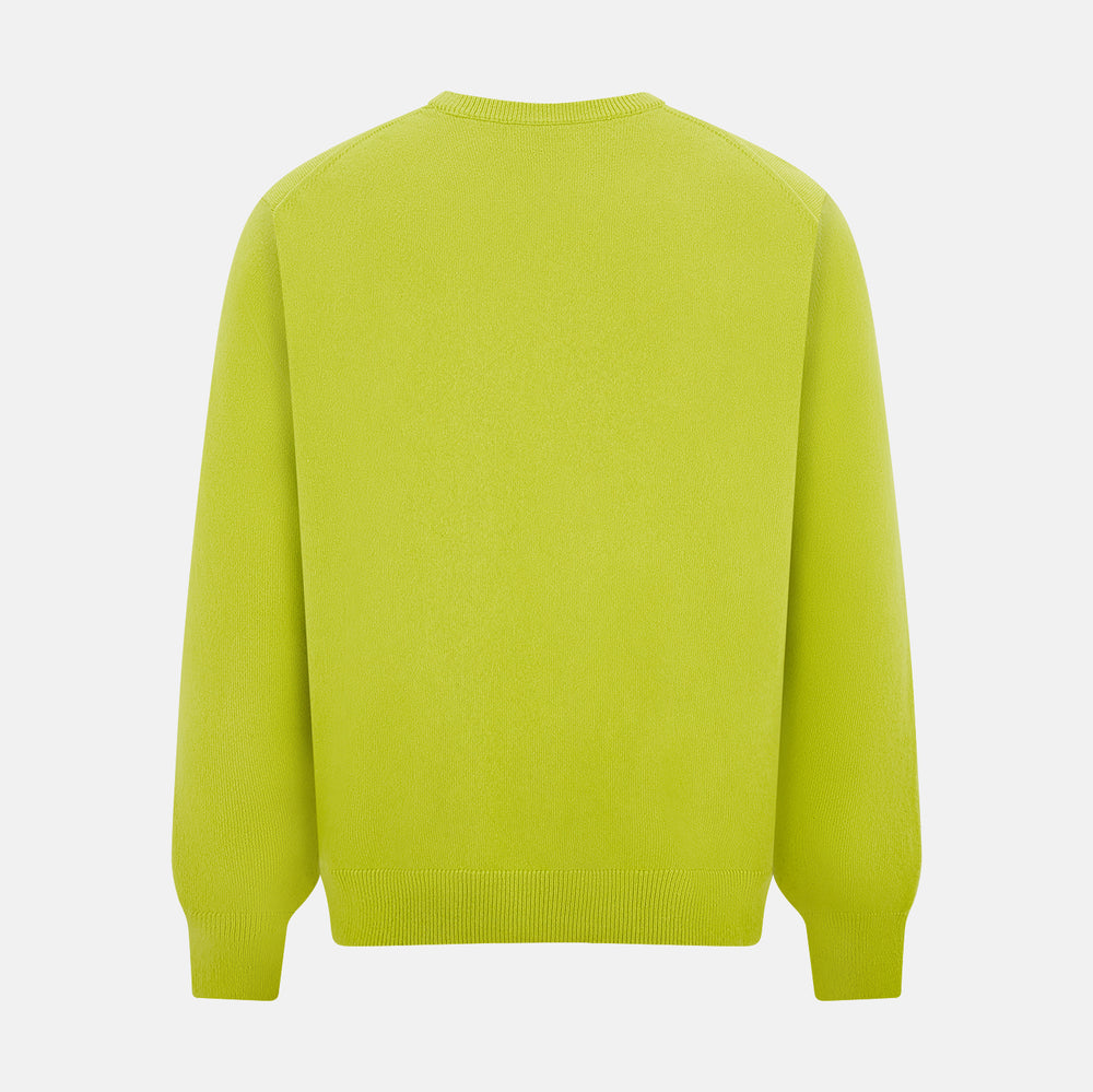 The Turnbull & Asser Lemon Green Cashmere Round Neck Jumper features long sleeves with ribbed cuffs and hem, displayed on a white background.